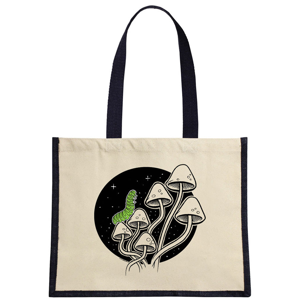 Fungi Friends - Curious Caterpillar Cream & Black Jute Bag