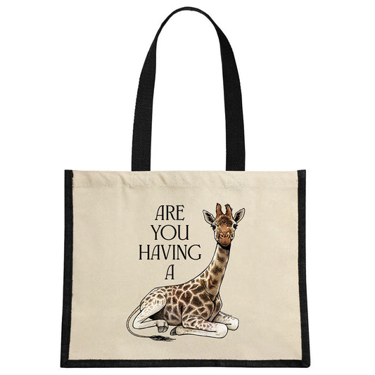 Wild Giggles Are You Having A Giraffe Cream & Black Jute Bag