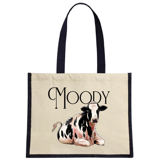 Wild Giggles Moody Cow Cream & Black Jute Bag