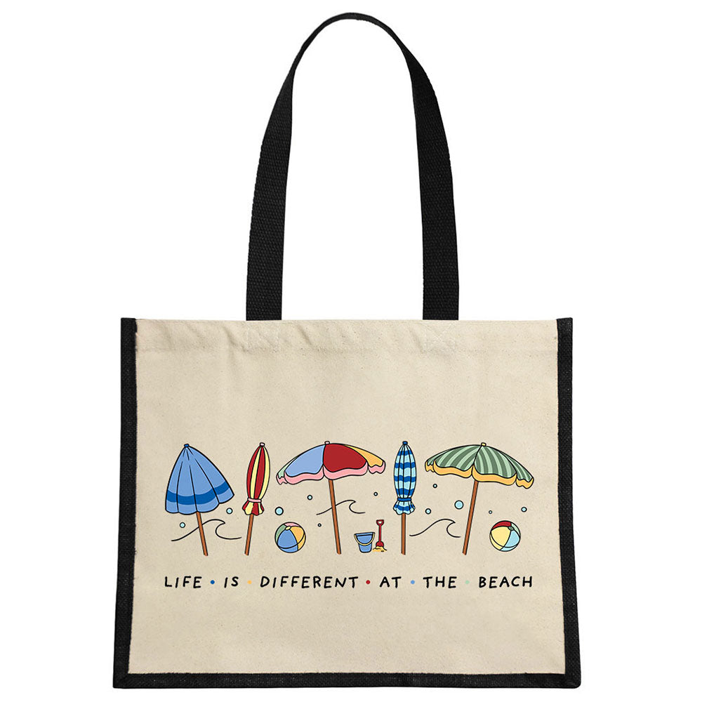 By The Seaside - Life Is Different At The Beach Cream & Black Jute Bag