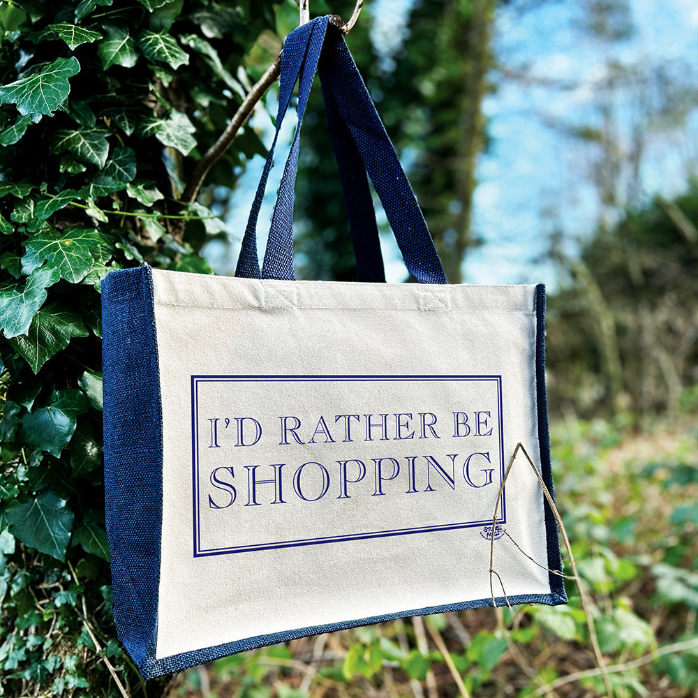 I'd Rather Be Shopping Navy & Cream Jute Bag