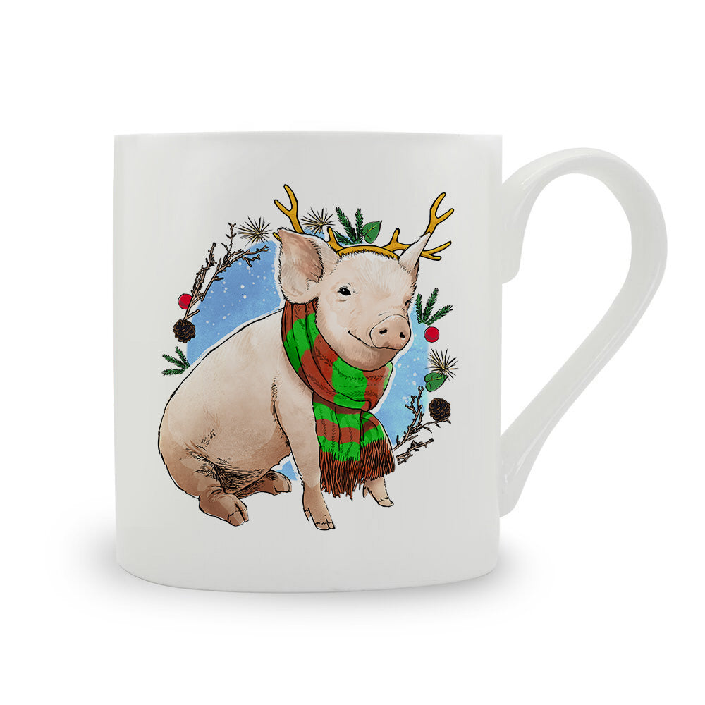 Christmas Wreath Pig Bone China Mug