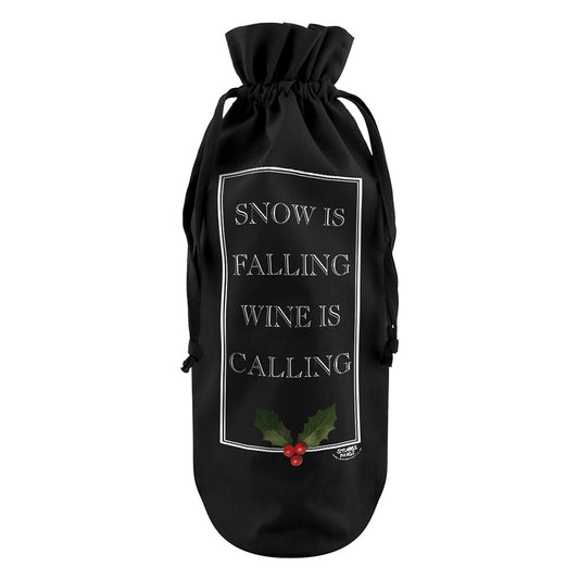 Snow Is Falling Wine Is Calling Black Cotton Bottle Bag