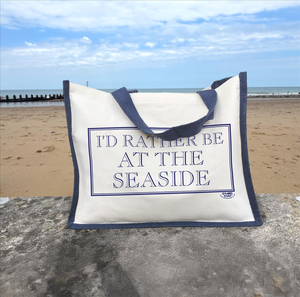 I’d Rather Be At The Seaside Cream & Navy Jute Bag