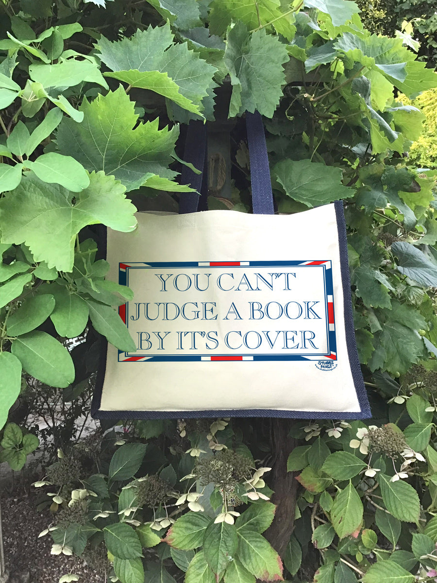 Terribly British You Can't Judge A Book By It's Cover Cream & Navy Jute Bag