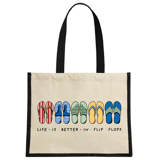 By The Seaside - Life Is Better In Flip Flops Cream & Black Jute Bag