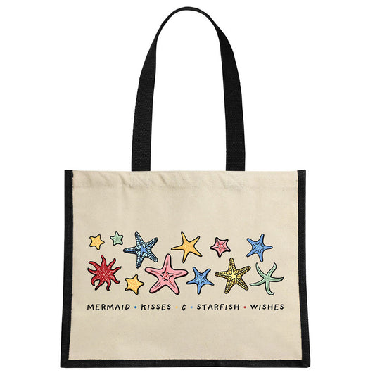By The Seaside - Mermaid Kisses & Starfish Wishes Cream & Black Jute Bag