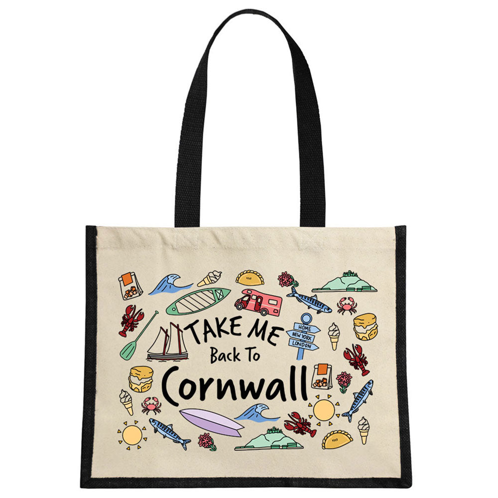 Take Me Back To Cornwall Cream & Black Jute Bag